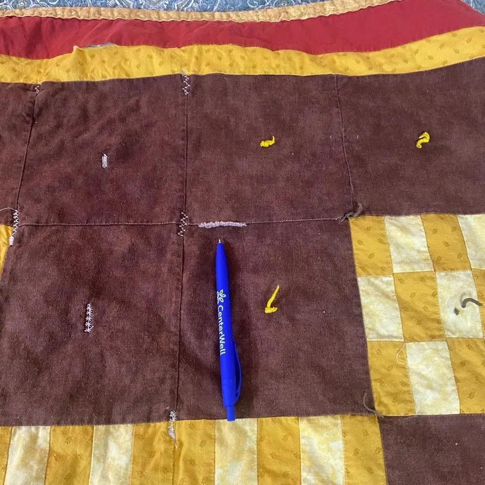Vintage brown and Mustard Patchwork Quilt - Checkerboard Design 44” x 57”